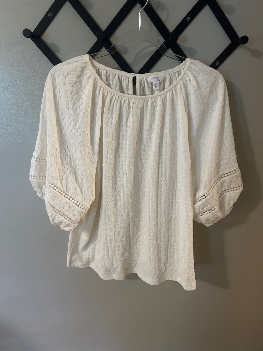 Time and Tru Cream Peasant Top with Eyelet Puff Sleeves
